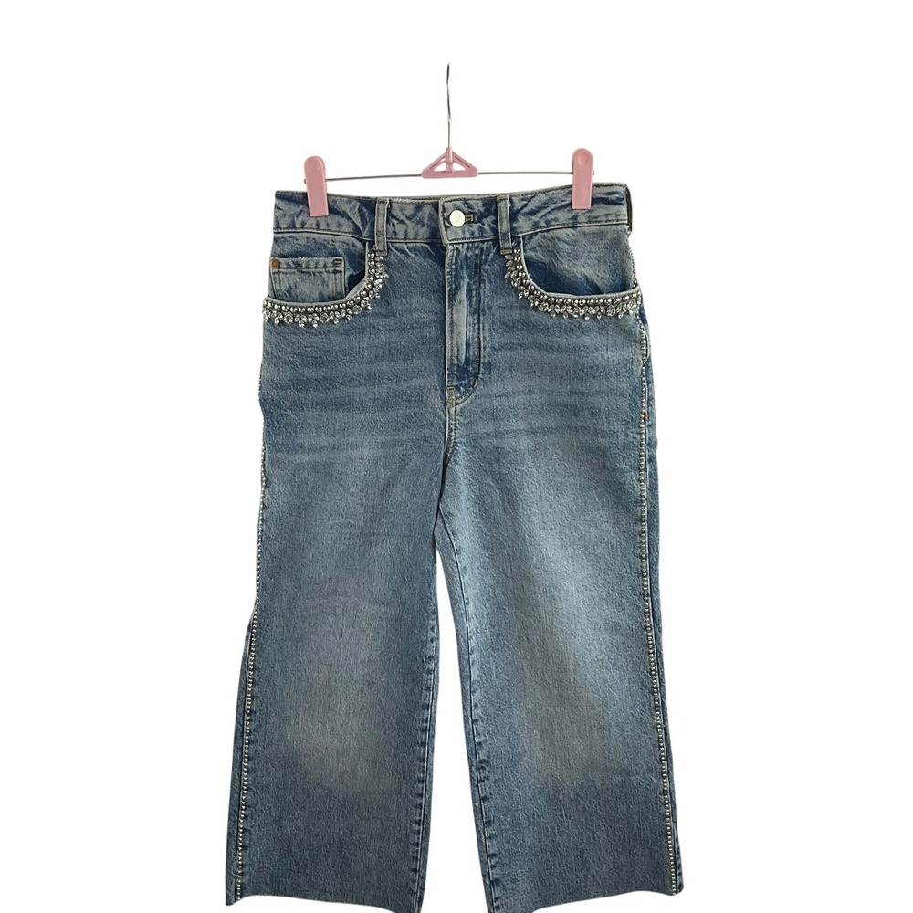 Pilcro Rhinestone Embellished Wide Leg Jeans Medium Wash Blue Size 26